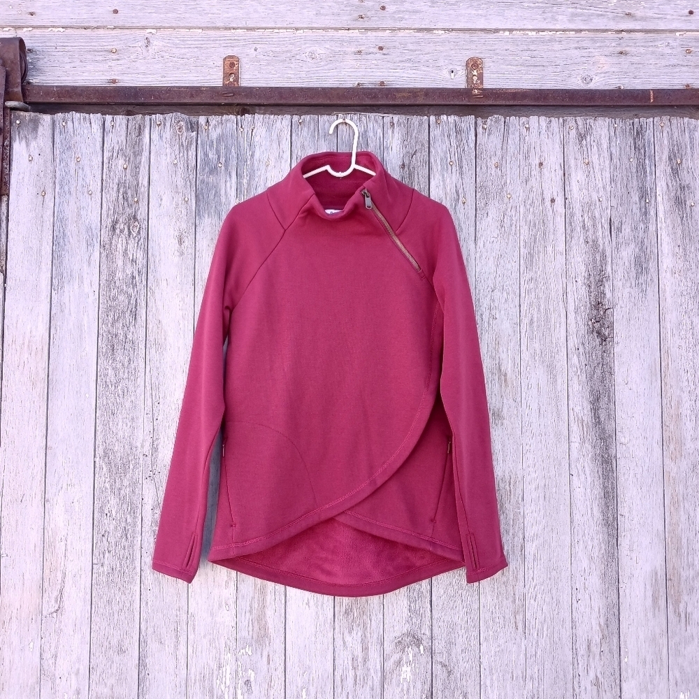 Athleta Cozy Karma Asym Pullover  Sweatshirt Top Mock Neck Burgundy Womens  XXS